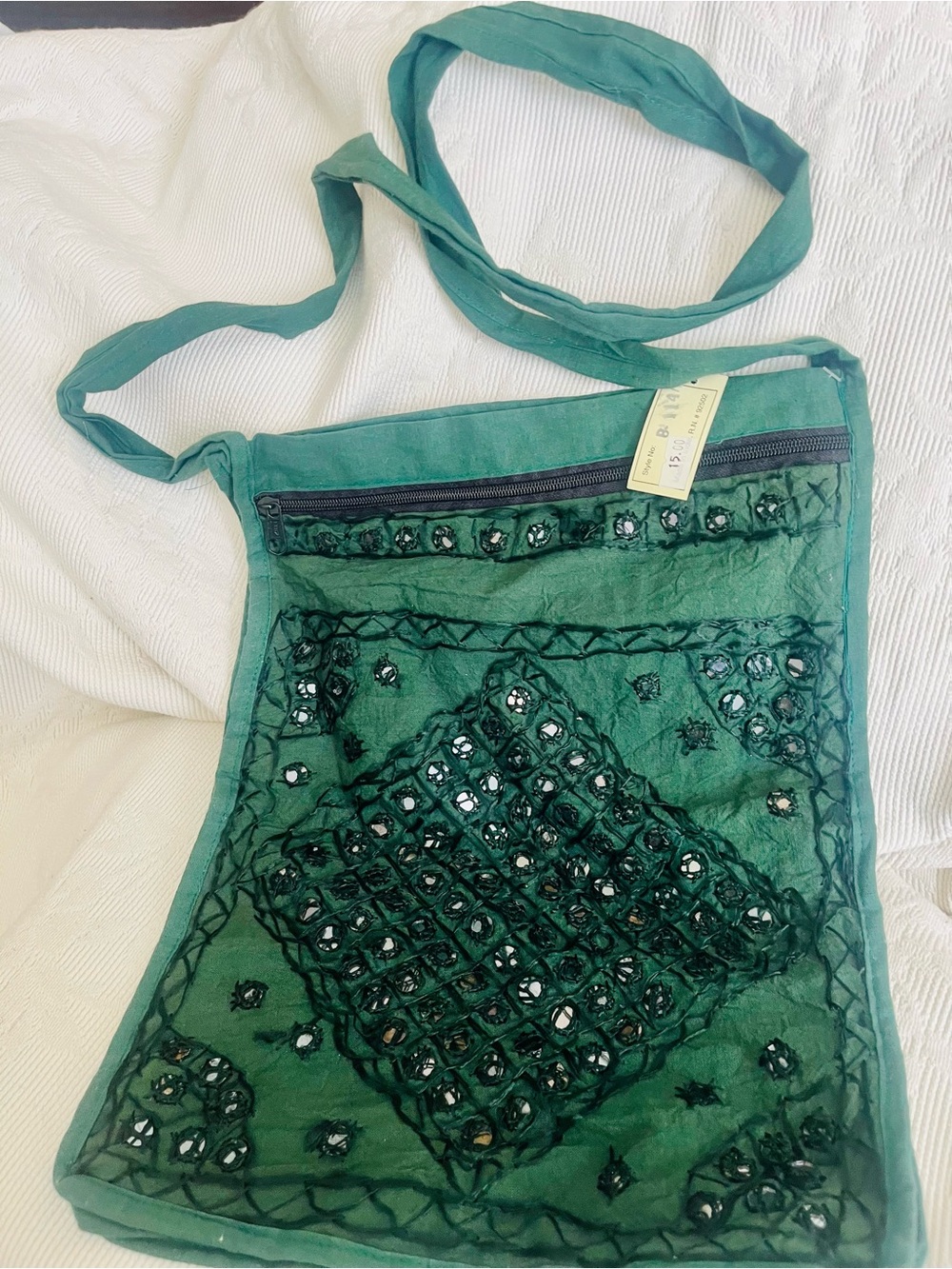Sacred Threads Emerald Green Embroidered Mirror Crossbody Bag